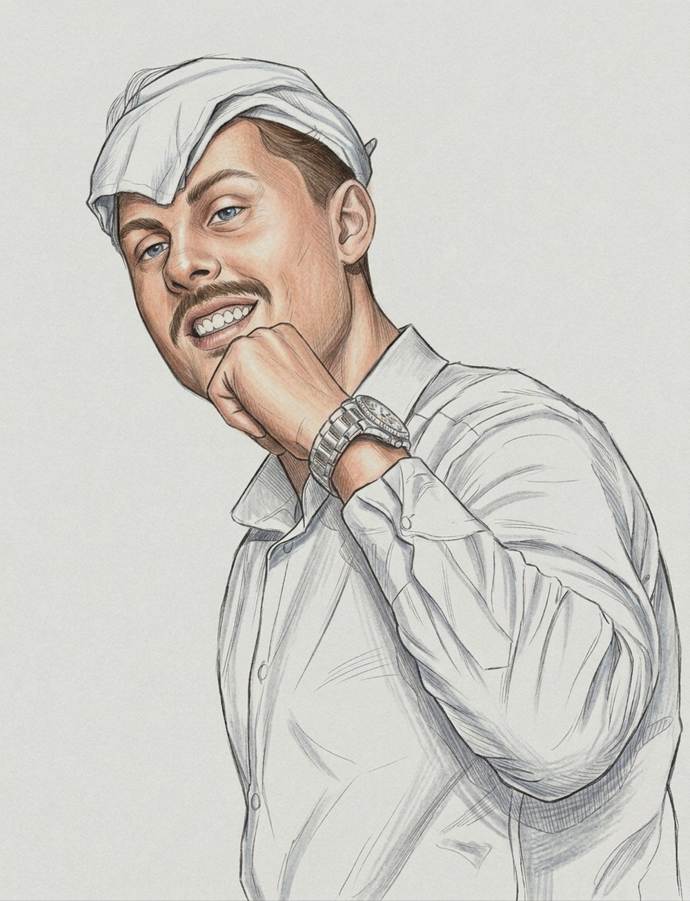 Portret nasmijanog muškarca s rukom pod bradom i satom na zapešću — simbol ufuljavanja.